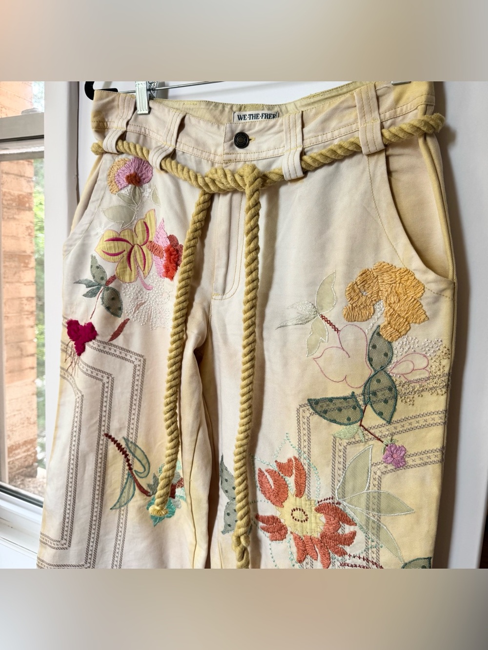 Free People Low-Rise Embroidered Wide-Leg Drawstring Pants Electric Sands 6 - Picture 6 of 14